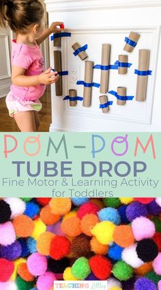 a child playing with pom - pom tube drop fine motor and learning activity