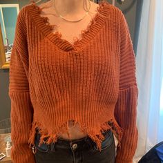 Burnt Orange Frayed Sweater Kind Of Cropped And Very Cute! I’ve Never Worn It And It’s Too Small For Me To Now, Price Negotiable! Orange Sweater Outfit, Frayed Sweater, Burnt Orange Sweater, Shein Sweater, Orange Sweater, Orange Outfit, Sweater Outfit, Orange Sweaters, Outfit Aesthetic