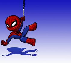 a spider man swinging on a rope in the air with his shadow behind him and blue sky