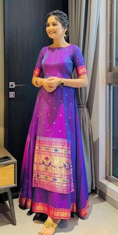 Paithani Saree Frock Design, Silk Saree To Dress, Pattu Kurti Designs, Pattu Dresses Designs For Women, Saree Converted To Gown, Long Blouses, Pattu Dress, Mehendi Outfit, Sharara Designs