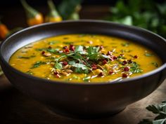 a bowl filled with soup and garnished with herbs