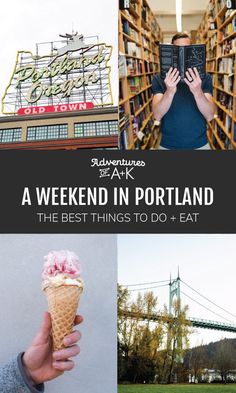 a man holding an ice cream cone in front of a book shelf with the words weekend in portland on it