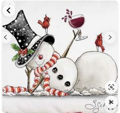 two snowmen wearing hats and scarfs, one is holding a glass of wine