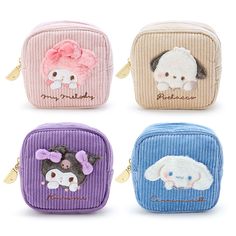 These square pouches from the Sanrio Chill Time series are soft like plushies! Each one is styled with fluffy embroidered graphic of different Sanrio characters, and can be opened up to keep all of your favorite trinkets and cosmetics. Be sure to add this kawaii Sanrio pouch to your every day essentials! You can choose between four designs: My Melody, Pochacco, Kuromi, or Cinnamoroll! Measures 5" x 5" x 3". Official Sanrio item, imported from Japan. Corduroy Pouch, Sanrio Pouch, Japan Clothing, Pochacco Cinnamoroll, Mini Makeup Bag, Chill Time, Kawaii Things, Small Cosmetic Bags, Lipstick Bag