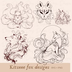 four fox designs in different styles on a beige background with the words kitsune fox designs sv