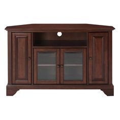 a wooden entertainment center with glass doors on the front and side panels, in dark wood