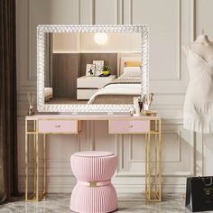 a dressing table with a pink stool and mirror on the wall next to it, in front of a mannequin