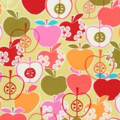 an apple pattern is shown on a yellow background with red, green and pink apples