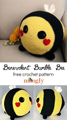 a crocheted bumble bee pillow is shown in three different views