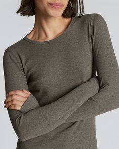 The Pima Micro-Rib Long-Sleeve Crew Washed Heathered Fatigue – Everlane Everlane Crew Neck Top For Spring, Classic Stretch Tops With Ribbed Cuffs, Everlane Stretch Tops, Everlane Tops For Everyday Fall Wear, Everlane Everyday Tops For Fall, Fitted Everlane Tops For Everyday, Everlane Long Sleeve Cotton Tops, Everyday Fitted Everlane Tops, Casual Fitted Everlane Tops