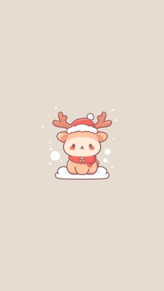 a cute little deer with a santa hat on it's head sitting in the snow