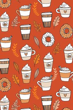 an orange background with coffee cups, donuts and leaves on the bottom right side