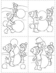 four different pictures of children making snowmen