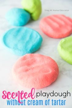 colored playdoughs with text overlay that reads, scented playdough without cream of tartar