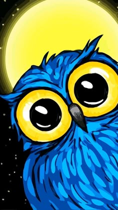 an owl with big yellow eyes sitting in front of a full moon and stars background