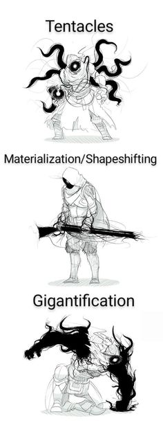 four different types of swords with the words tenacles, materialization / shape shifting, and gigantifiction