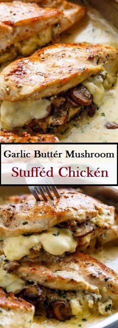 garlic butter mushroom stuffed chicken on a plate with a fork