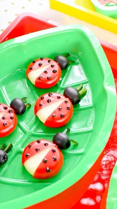 the ladybugs are sitting on top of each other in this green boat shaped tray