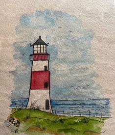 a drawing of a red and white lighthouse