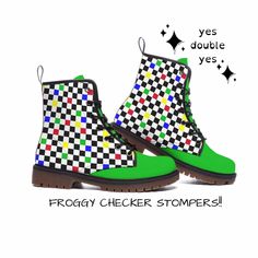 Clown in ultimate comfort in our Froggy Checker Kidcore Clown Shoes! These are made to last many seasons of happiness in vegan leather with rubber lug sole. Whether you are a professional clown or love maximalist kidcore fashion, these unique boots are totally YOU! Make a head-to-toe SPECTACLE of yourself when you pair these with the matching Froggy Check fashions🐸 Be extra #Clowncore #Maximalist let's gooooooooooooooooooo✌️ YESDOUBLEYES has FREE GLOBAL SHIPPING🌎 alt clown punk fashions for Pride fest, rave, Burning Man, music festivals, roller derby, funky drag groovy party wear Specially made-to-order and worth the wait! Original artwork by yesdoubleyes ❤️Fabric: PU vegan leather uppers, rubber sole ❤️Features: soft PU pleather feels comfy, rubber lug soles are sturdy and quiet ❤️Fit: Clowncore Shoes, Green Casual Platform Boots, Kidcore Clown, Clown Punk, Kidcore Fashion, Kawaii Alt, Monster Fashion, Maximalist Outfits, Costume Clown