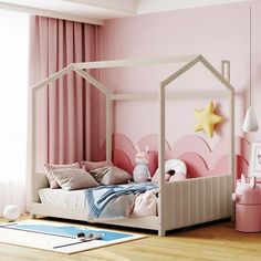 a child's bedroom with pink walls and white furniture, including a canopy bed