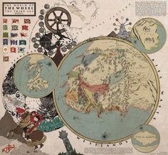 an old world map with many different types of people around it, including cats and dogs