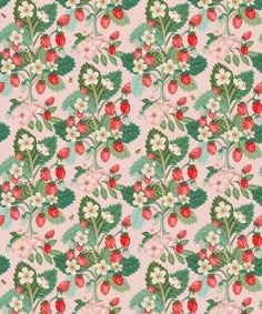 an image of strawberrys and flowers on a green background