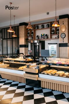 a checkered floor in a restaurant with lots of food on the counter and shelves