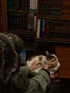 a person petting a cat in front of a bookshelf