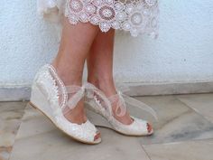 Boho Wedding Wedges, Embellished Lace Bridal Wedge Shoes with Pearls Wedding Wedges For Bride, Lace Wedges Shoes, Simple Wedding Shoes, Bridal Wedges, Embroidery Organza, Boho Wedding Shoes, Converse Wedding Shoes, Wedding Wedges, Wedding Shoes Sandals