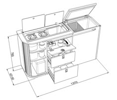 a drawing of an oven with its doors open and the drawers opened, as well as other appliances