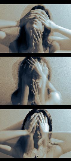 three different images of a woman covering her face with both hands and touching her head