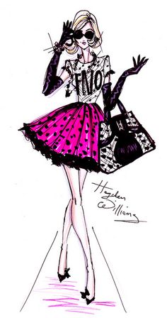 a drawing of a woman in a pink dress and black shoes holding a handbag