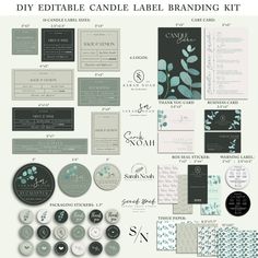 the diy editable candle label branding kit is shown in grey and green colors