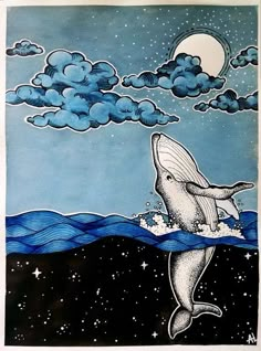 a drawing of a whale jumping out of the water with clouds and stars in the sky