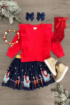 New Arrivals - Limited Supply– Sparkle In Pink Red Ruffle Top, Woman Costumes, Sue Johnson, Trendy Christmas Outfits, Sparkle In Pink, Kids Christmas Outfits, Santa's Sleigh, Santa Sleigh, Solid Red