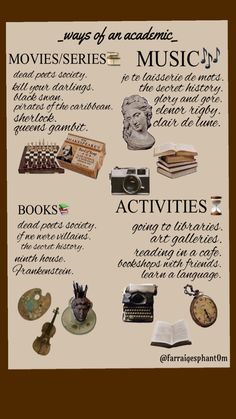 a poster with words and pictures on it that include books, movies, and other things