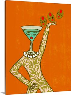 a painting of a woman holding two martini glasses