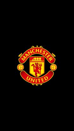 the manchester united logo is shown in red, yellow and black on a black background