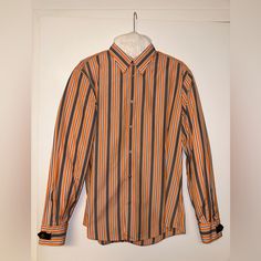 Perfect Condition Authentic Hermes Striped Men's Shirt Cotton Shirt Collar 43/17 Made In France Leather Cufflinks Size 43/17 Hermes Shirt, Hermes Orange, France Colors, Orange Grey, Shirt Collar, Casual Shirts For Men, Casual Button Down Shirts, Made In France, Cotton Shirt