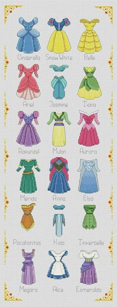 the cross stitch pattern shows different types of dresses for girls and boys, all in different colors