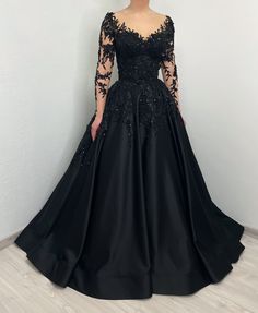 Black Gothic Satin Corset Floral Beaded Lace Wedding Dress - Etsy Canada Plus Size Gowns Formal, Dr Marvel, Wedding Dress Black, Evening Wear Dresses, Prom 2023, Prom Dresses Elegant, Prom Dress Plus Size, Long Sleeve Prom, Evening Dresses With Sleeves