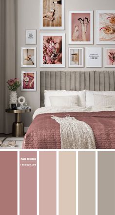 a bedroom with pink and grey colors in the walls, pictures on the wall above the bed