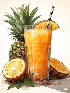 a painting of a pineapple and a glass of orange juice