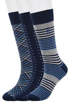 Mixed geometric patterns decorate a pack of cotton-blend crew socks that check both the cool and comfortable boxes. Pack of 3  Crew length Reinforced heel and toe Sock 1: 73% cotton, 21% polyester, 2% nylon,2% rubber, 2% spandex; Sock 2: 71% cotton, 20% polyester, 5% nylon,2% rubber, 2% spandex; Sock 3: 51% cotton, 25% nylon, 20% polyester, 2% rubber, 2% spandex Machine was cold, tumble dry low Imported Hogwarts Dr, Toe Socks, Cool Socks, Geometric Patterns