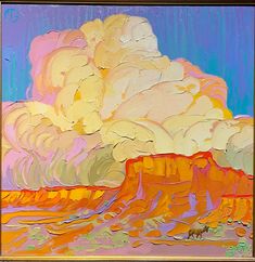 an abstract painting of clouds and mountains in yellow, pink, orange and blue colors