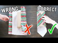 two hands are wrapping christmas presents on a wooden table with the words wrong and correct