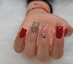 Red Almond Nails With Glitter, Red And Gold Short Nails, Short Red And Gold Nails, Red And Gold Nails Short, Nails Rojas Cortas, 2023 Red Nails, Short Red Acrylic Nails, Red Gold Nails, Easter Nail Ideas