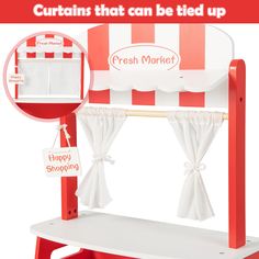 a red and white stand with curtains that can be tied up to it's sides