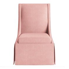 a pink upholstered chair against a white background, with the seat folded back